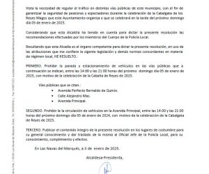 Bando regulación de tráfico Cabalgata de Reyes - 5 de enero